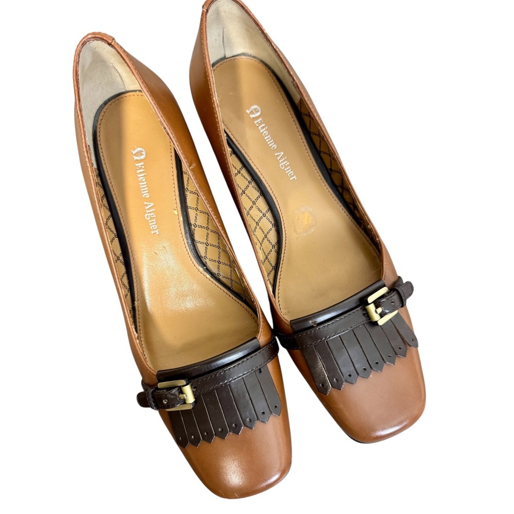 Vintage Etienne Aigner E-ARIBA Brown Leather Kiltie Fringe Block Heel Pumps 7